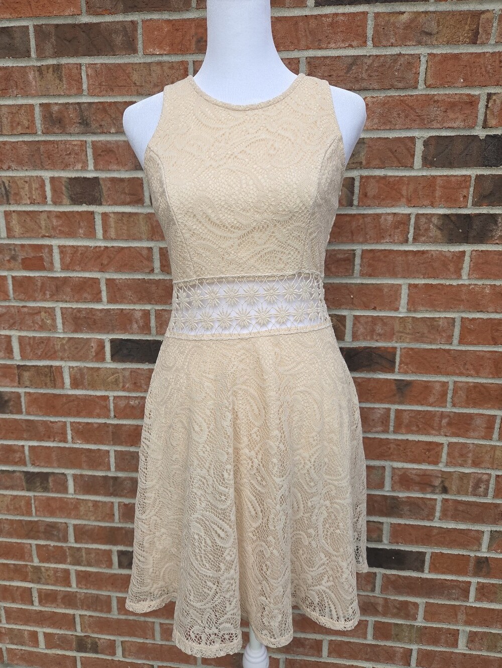 Cream Lace Festival Dress Boho Romantic Mini Dress Cutout Waist Fit & Flare S